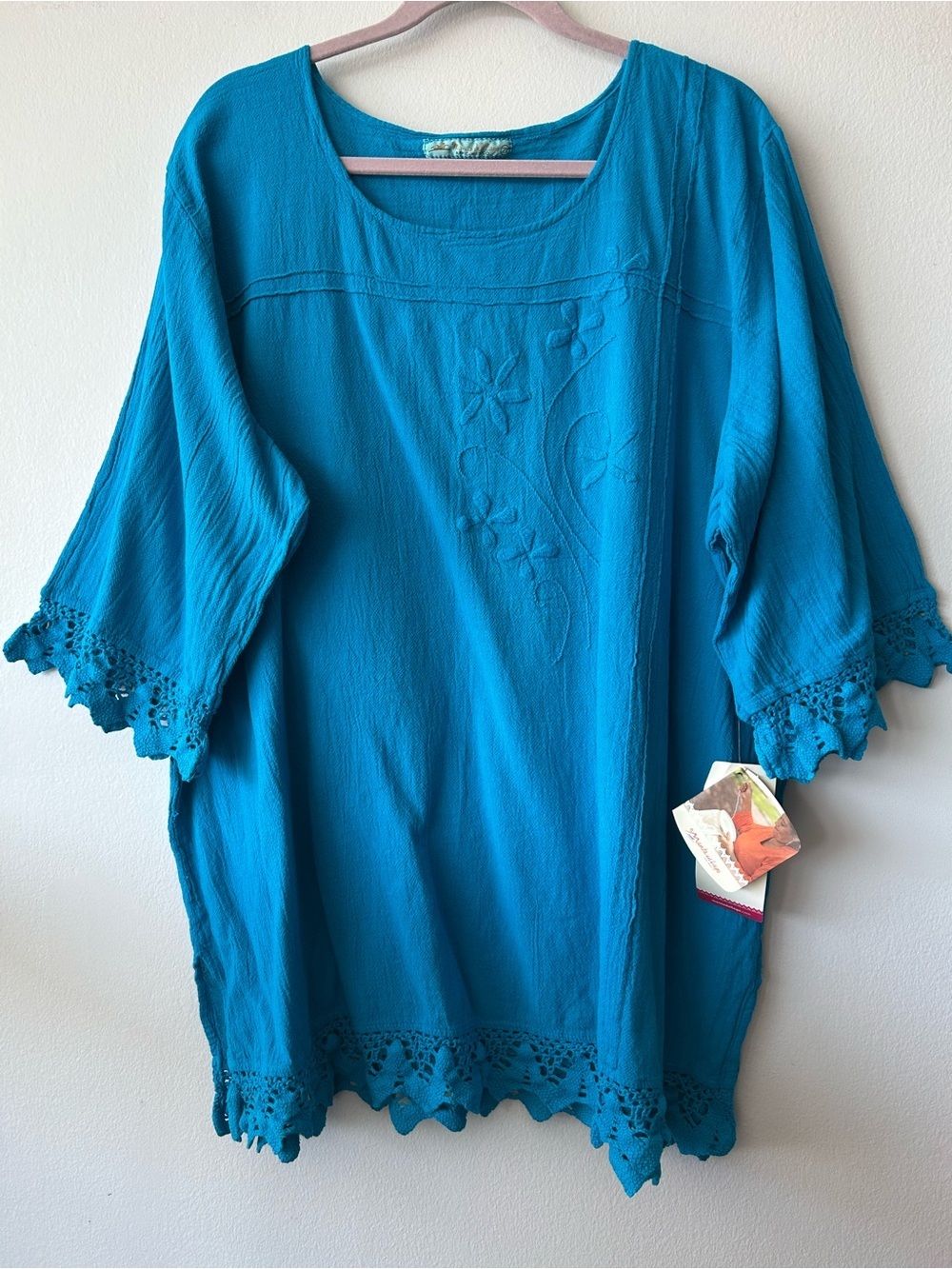 Manta Del Lago Teal Crochet-Hem Cotton Top